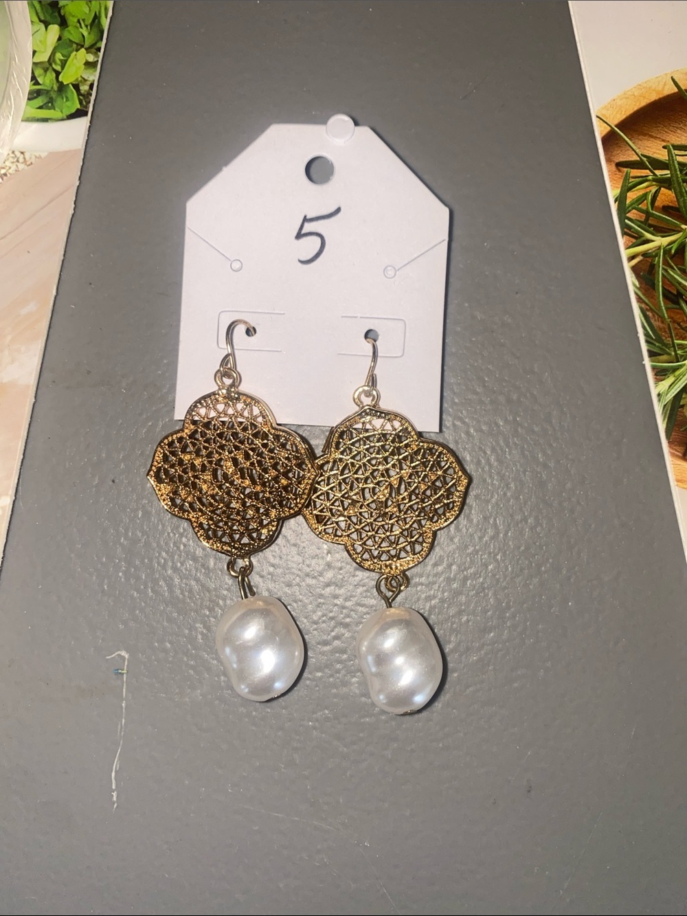 Gold Filigree Drop Earrings with Pearlescent Beads